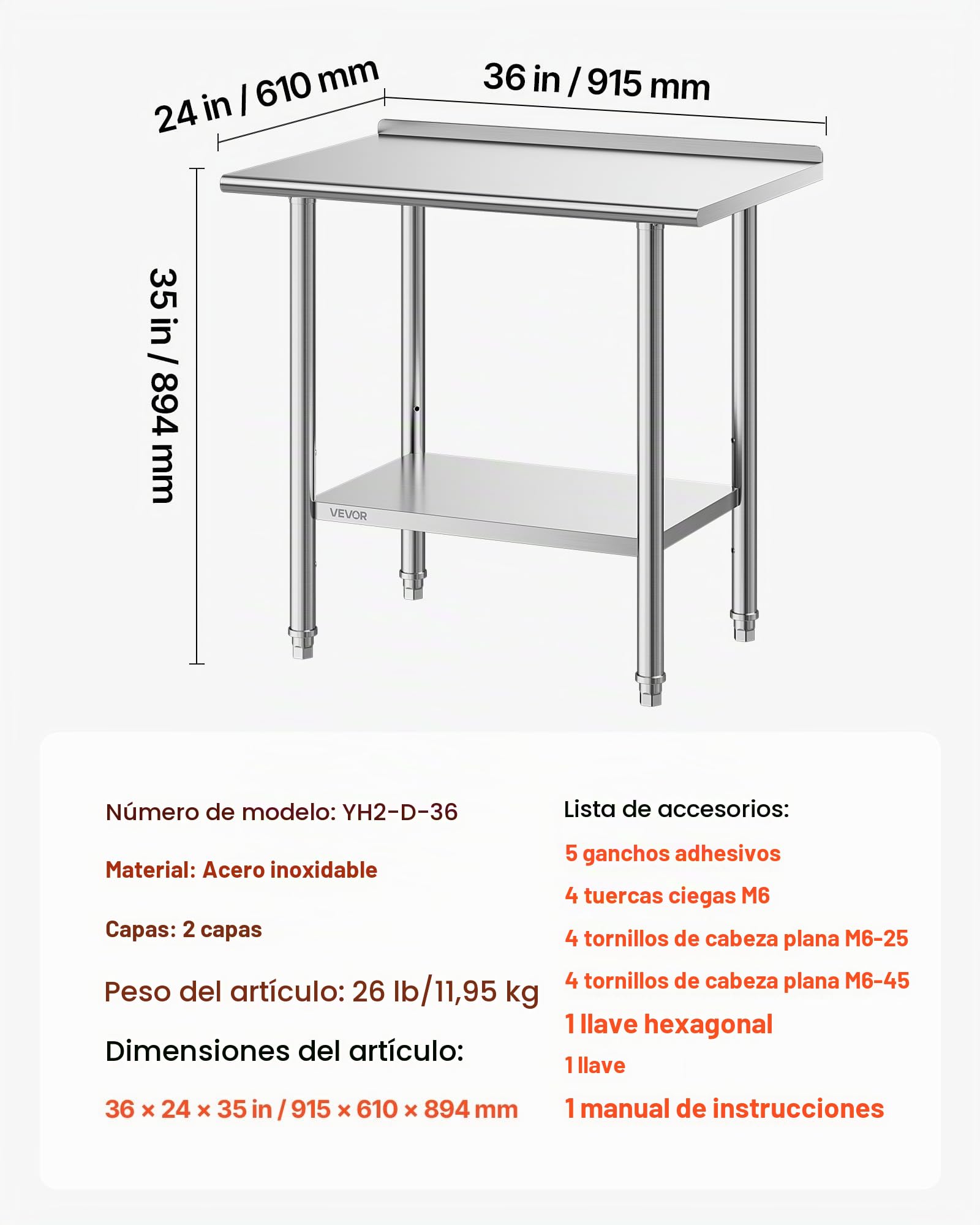 VEVOR Mesa de Trabajo de Acero Inoxidable 2 Niveles, Mesa de Preparación de Alimentos 91,5x61x89,4 cm, Estante Inferior Ajustable, Protector contra Salpicaduras, para Restaurantes, Bares, Hoteles