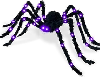 4.1Ft Large Light Up Halloween Spider Decorations, 26 Purple Lights LED Eyes Legs Battery Operated Realistic Black Hairy Spider Scary Halloween Decor Outdoor Indoor Spider Web Yard Haunted House Party