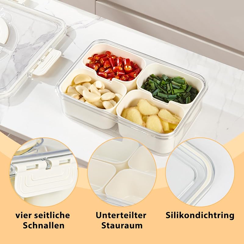 SHTALHST Uzsonnás Doboz 4 Kivehető Rekesszel - Fedeles Snack Tároló Gyümölcsökhöz, Édességekhez és Kekszekhez - BPA-mentes, Kézi Mosogatású