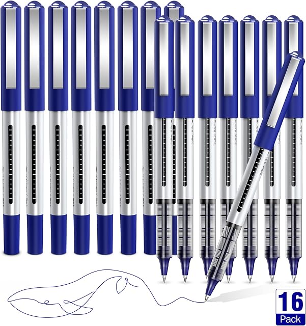 AKARUED Rollerball Pens 16 Pack Blue Gel Pens, 0.5mm Liquid Ink Rollerball Pen, Quick-Drying Ballpoint Pens Writing Pens for Bullet Journal, Notebook. School & Office Accessories for Students Adults