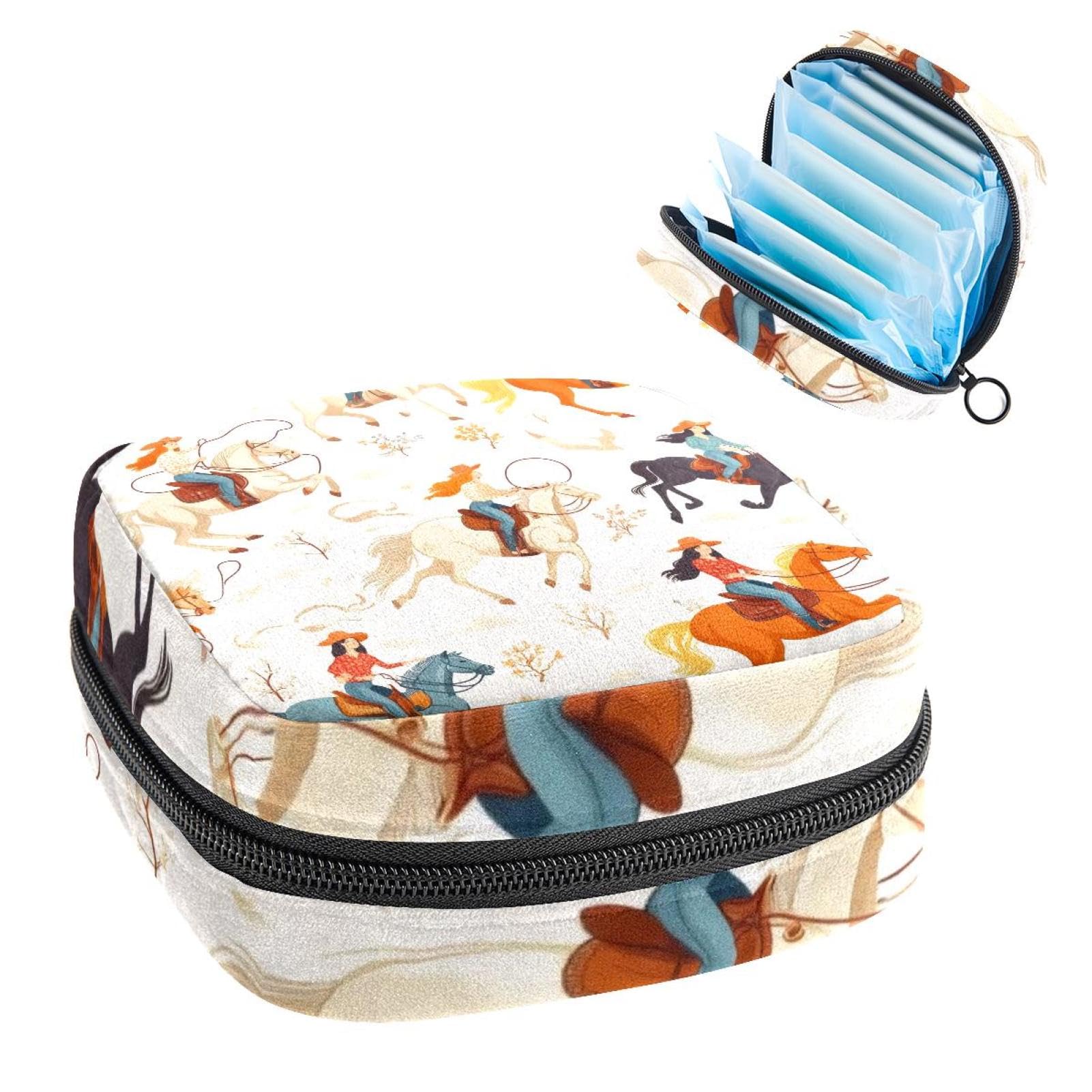 Sanitary Napkin Storage Bag for Women Cute, Feminine Menstruation Pad Holder for Period, Portable Zipper Menstrual Pad Bags Vintage Wild West Women Cowgirls Rodeo Pattern