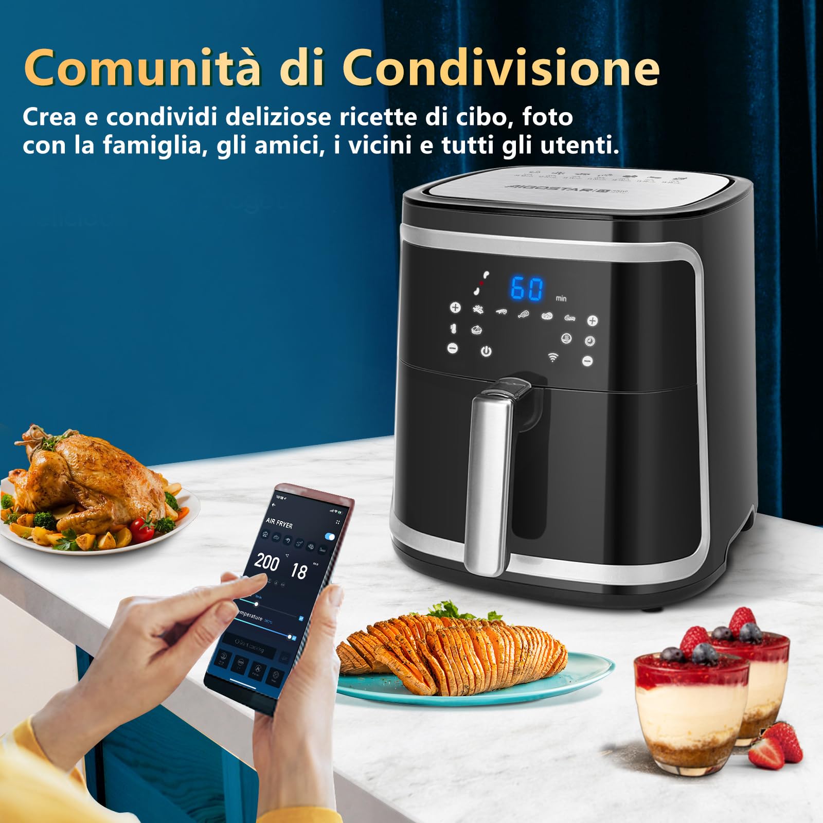 Aigostar Smart Cube - Friggitrice ad aria intelligente, 1900W, 7L. Modalità manuale, schermo LED, 7 funzioni preimpostate con mantenimento calore in modalità manuale. Connessione Wi-Fi. Senza BPA