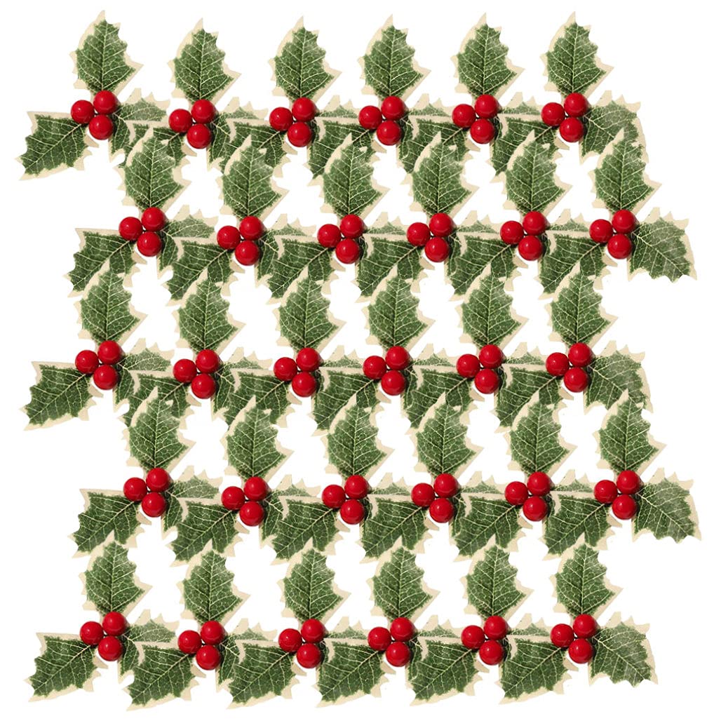 Grsrkep Christmas Artificial Holly Berry with Green Leaves DIY Wreath Arrangement Decoration 30PCS