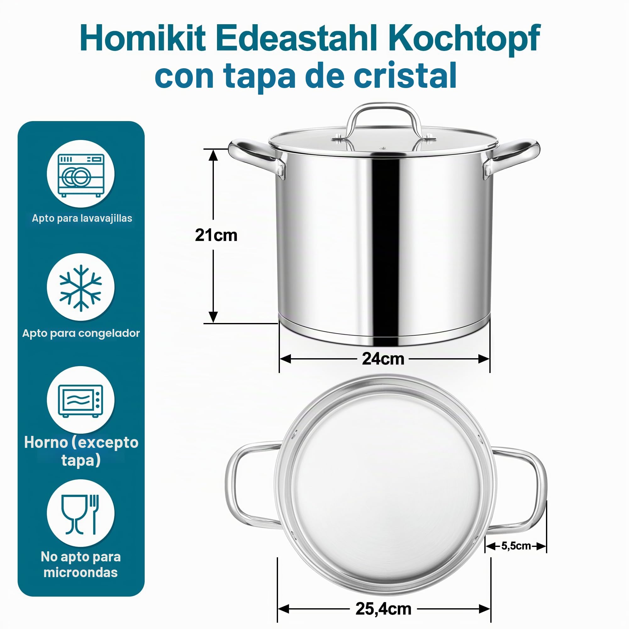 Homikit Olla de acero inoxidable de 9,4 L, para inducción, con tapa de cristal, para sopa, de 3 capas, apta para todo tipo de fuegos, sin revestimiento, altamente pulida y apta para lavavajillas