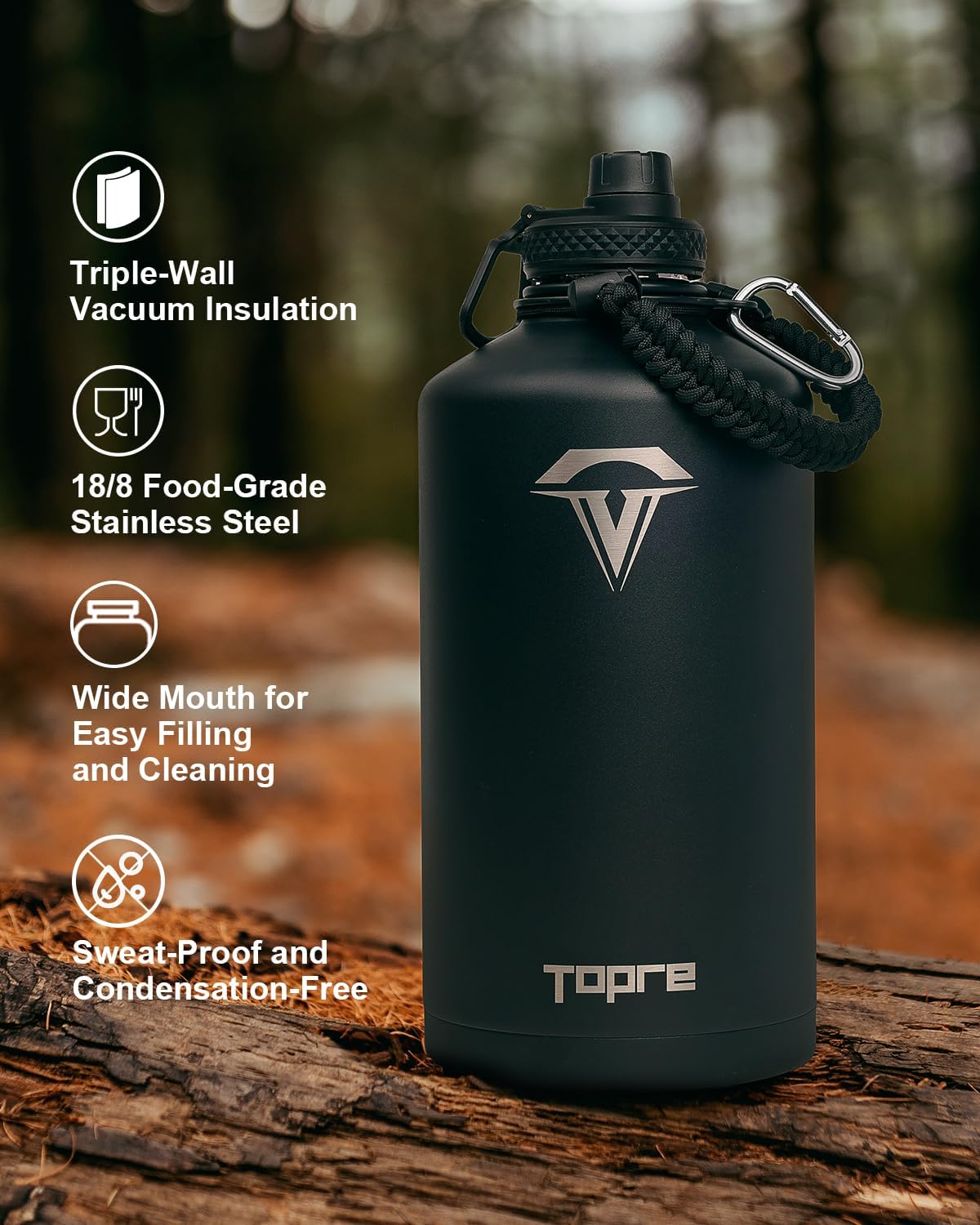 One Gallon Water Bottle,128oz Insulated Water Flask Stainless Steel Vacuum, Cold for 48 Hrs,BPA-Free & Leakproof -with Paracord Handle,Strap,Straw Spout Lids,Large Jug for Gym Sports,Black - Image 5