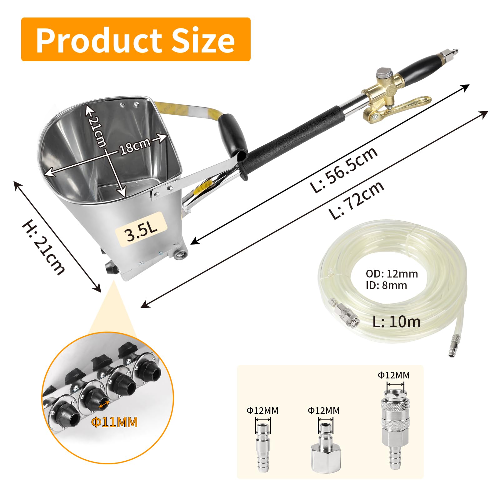 Pistolet à mortier 4 Jets Pistolet à Ciment 3,5 L Machine de plâtrage à air comprimé avec Tuyau d'air Haute Pression de 12 mm x 10 m Outil de Peinture pour Murs et plafonds - sans Couvercle