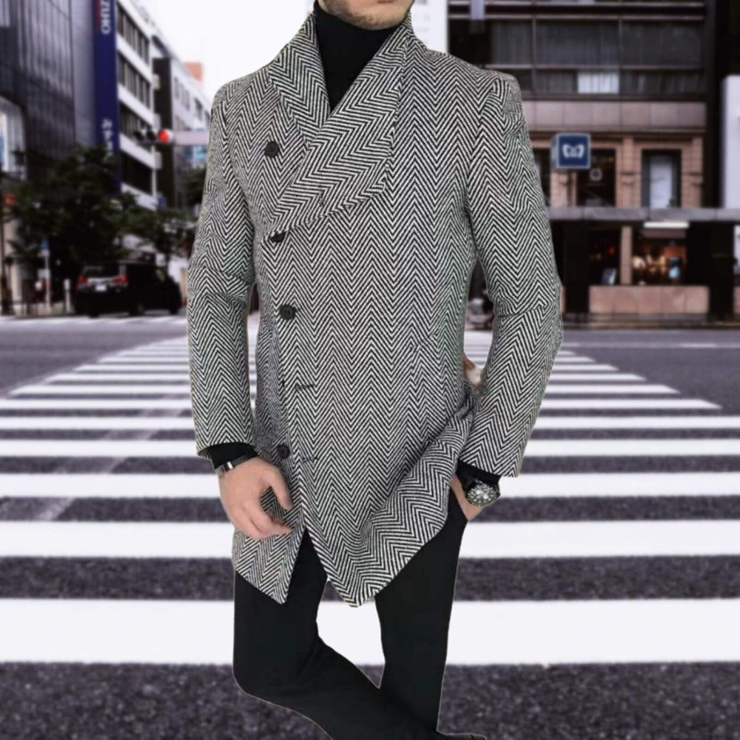 Men's Plaid Long Trench Coat Mid - Length Lapel Collar Button Down Warm Overcoat for Winter & Autumn Fashion - Image 3