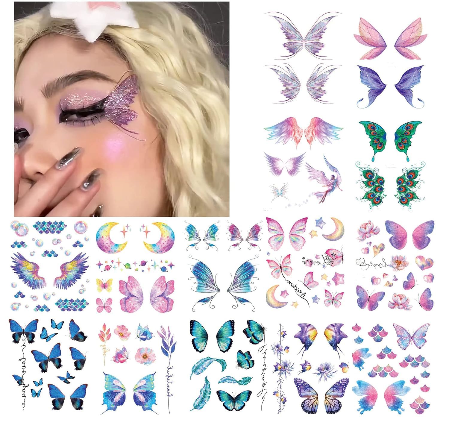 Tazweeq 14 Sheets Glitter Butterfly Temporary Tattoos, Eye Face Makeup Decor, Waterproof Fake Tattoos for Festival Parties, Beach, Pool, with 100+ Styles of Butterflies, Flowers, Fairies & Angel Wings
