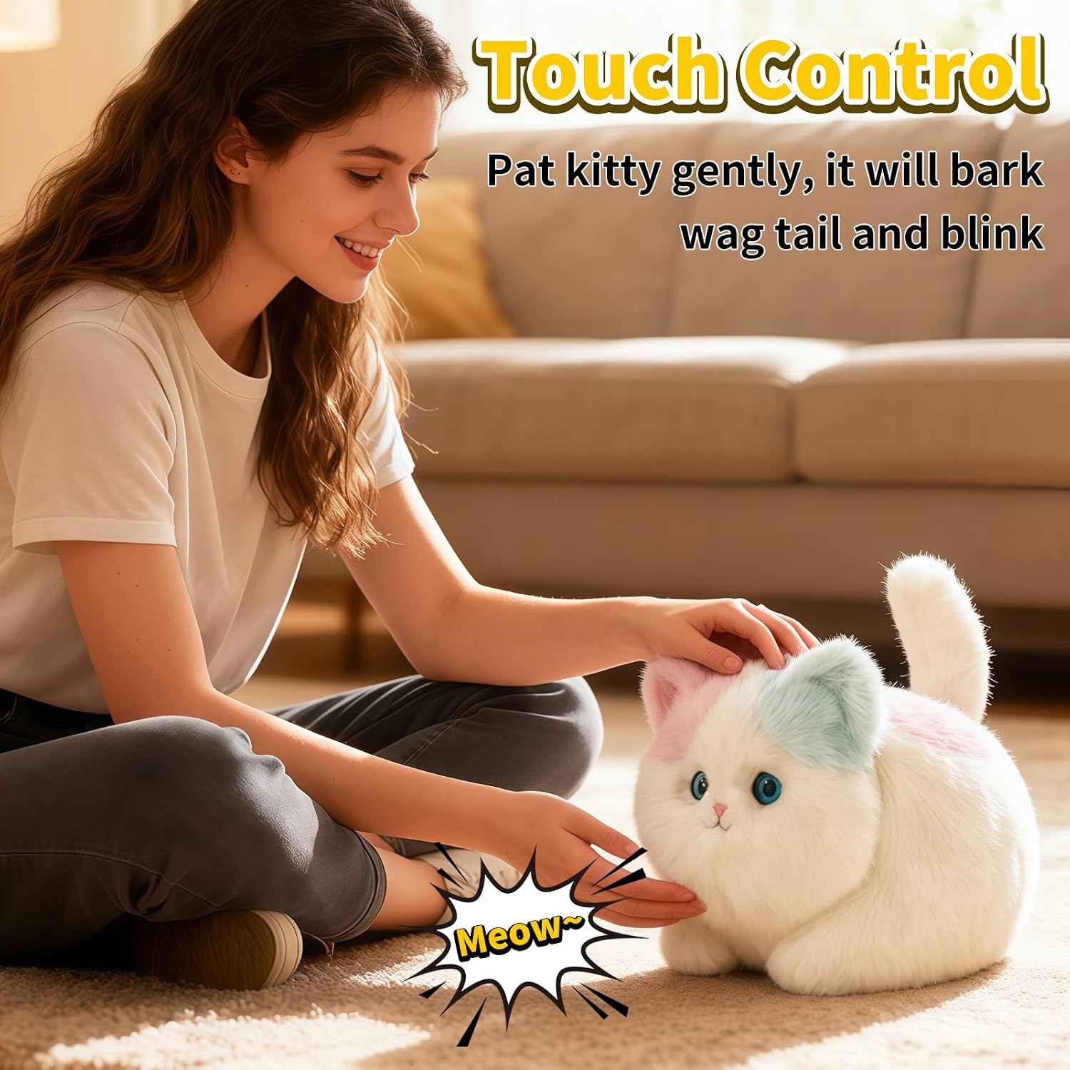 QETRABONE Interactive Electronic, Cute Cat Animal Intelligent Cat, Touch Blink Tail Wag and Sounds, Unique Gifts for Adults