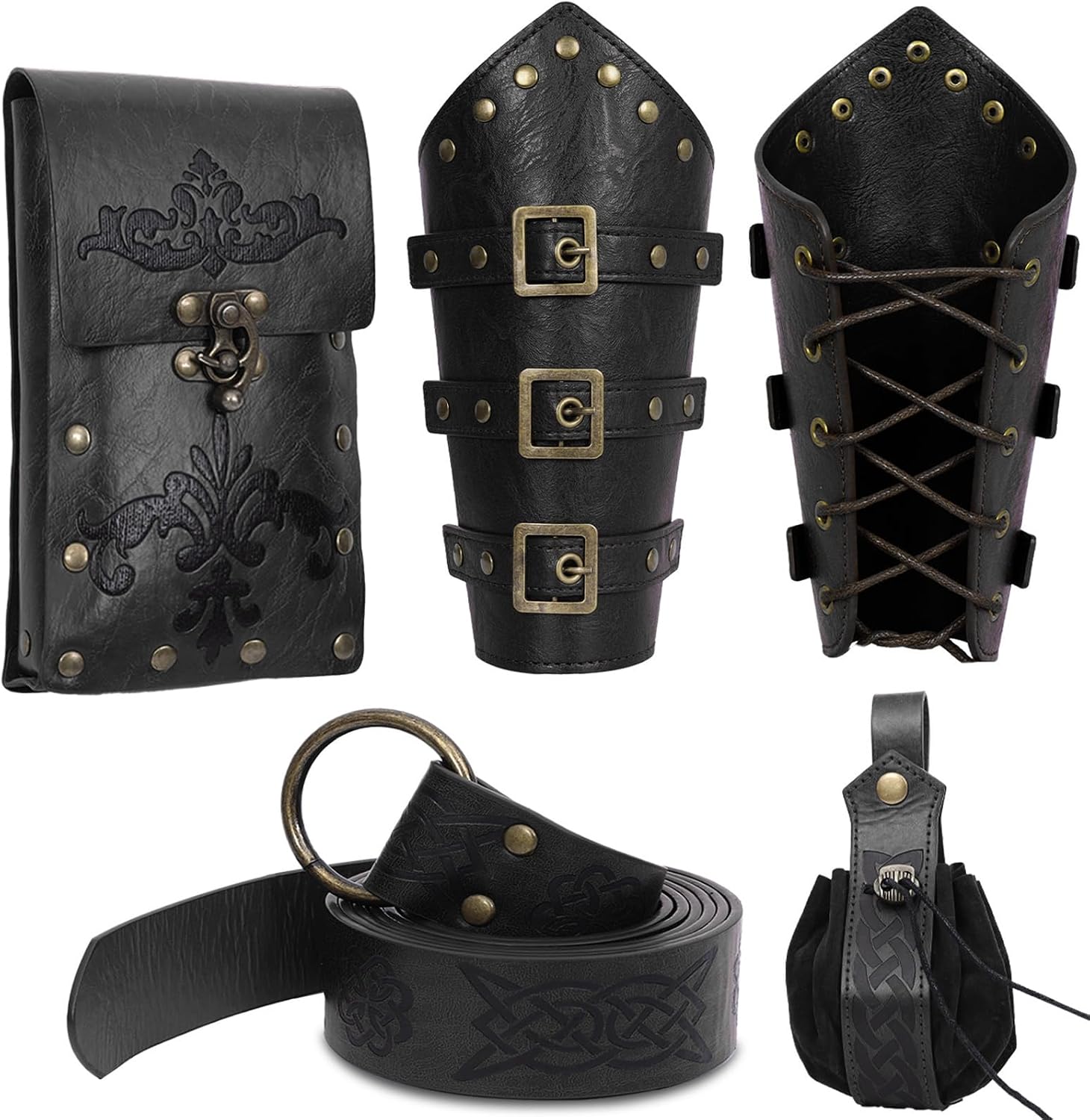 Renaissance Accessories Set with Viking Belt, Medieval Vintage Belt Pouch, Leather Bracers & Coin Purse for LARP (Brown A)