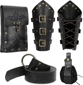 Renaissance Accessories Set with Viking Belt, Medieval Vintage Belt Pouch, Leather Bracers & Coin Purse for LARP Black A