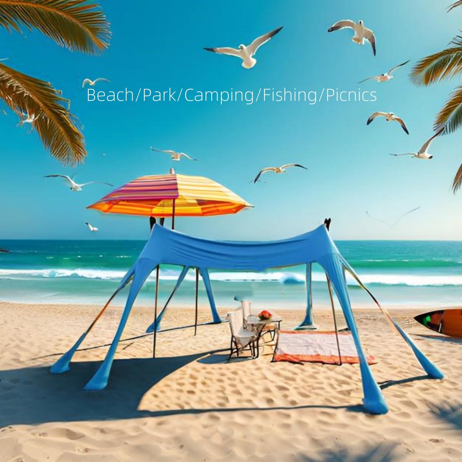 Strandzelt, Sonnenschutz Strand, großes Outdoor-Sonnenschutzzelt für 6 bis 8 Personen, UV-Schutz für Strandcamping, Angeln und Picknick (Blau)
