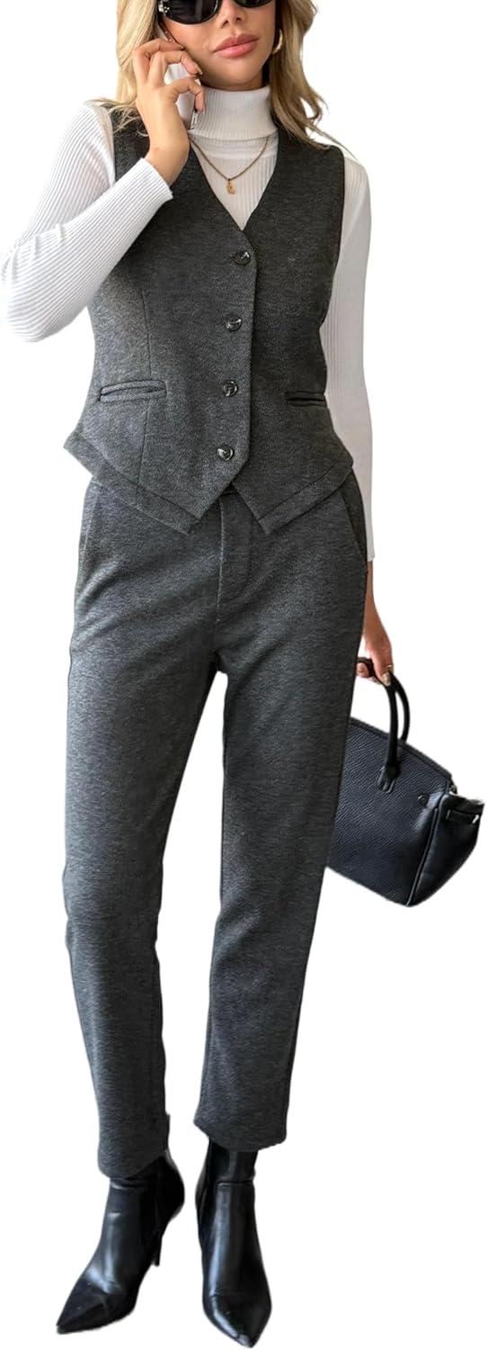 Women's 2 Piece Outfits Wool Blend Vest Waistcoat Dressy Casual Sets Winter Thick Cropped Pants Suits