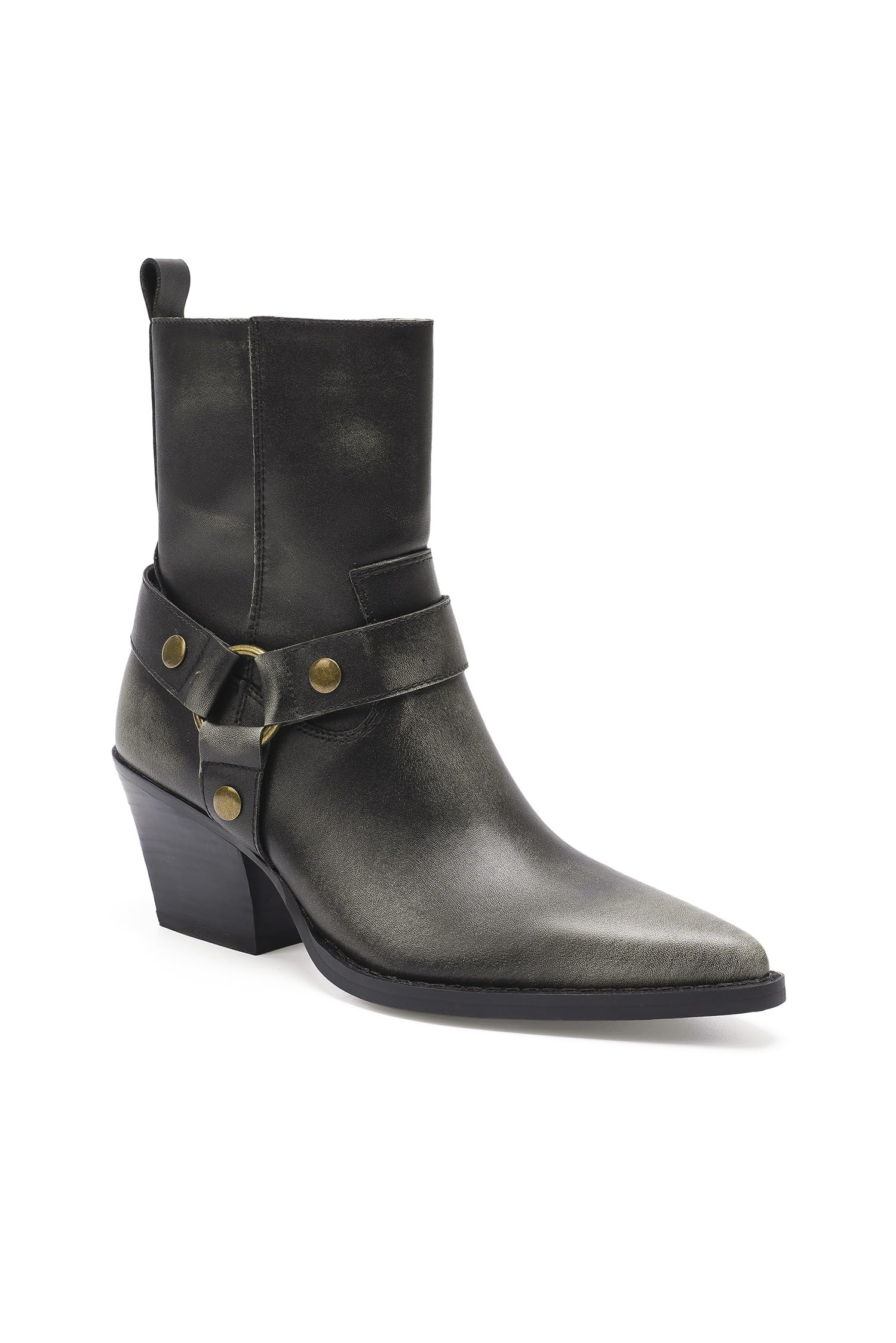 Womens Western Harness Boots Ankle Boots Cowboy Boots Stacked Block Heel Boots Cowgirl Boots Pointed Toe Boots