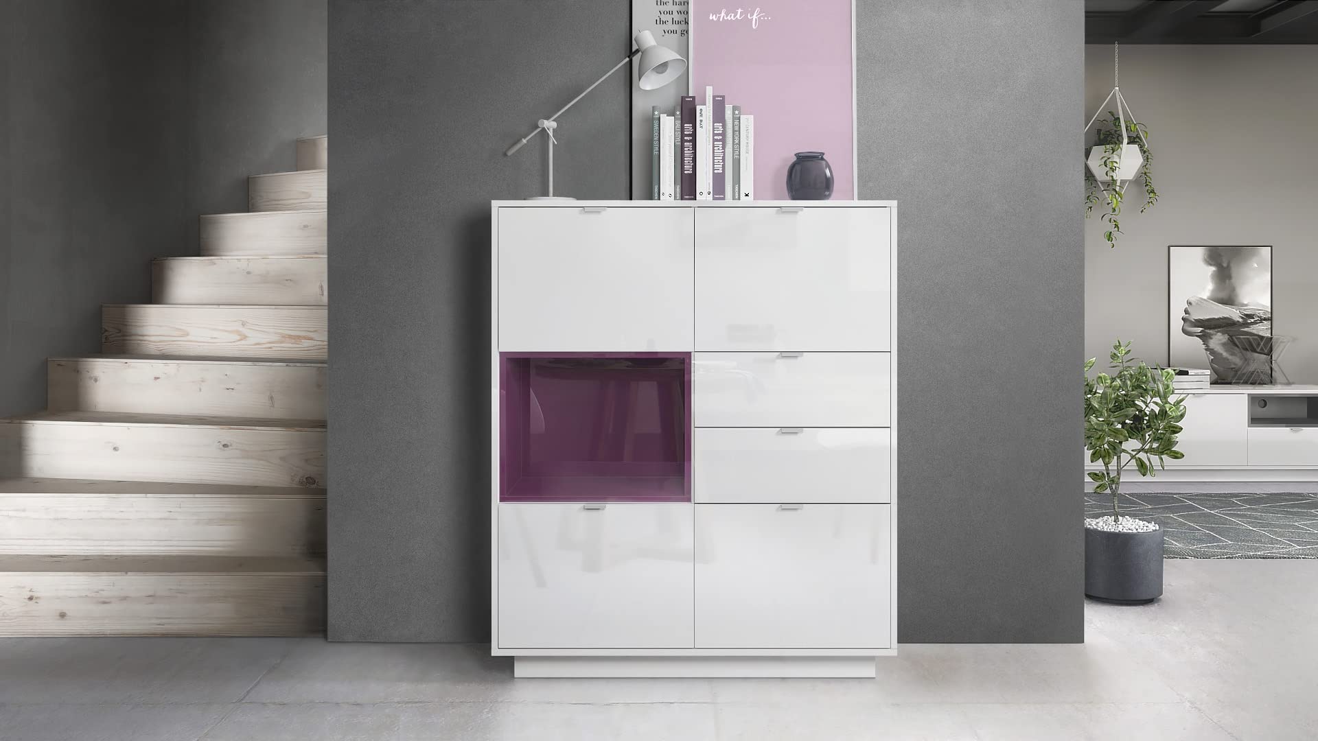 Buffet Haut Metro Blanc Brillant Avec Insertion Noir - 103 X 123 X 38 Cm, 4 Portes, 2 Tiroirs - Style Moderne