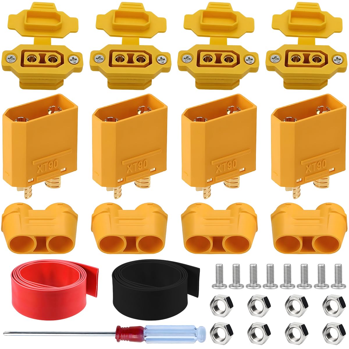 ZHUROUPU XT90E Female Fixed Mount Solder Connector with Sheath Housing, Gold Plated for Amass XT90E-F + XT90H-M Yellow Wireless Soldering Adapter for RC Lipo Battery FPV Car Aircraft Drone (4Pairs)