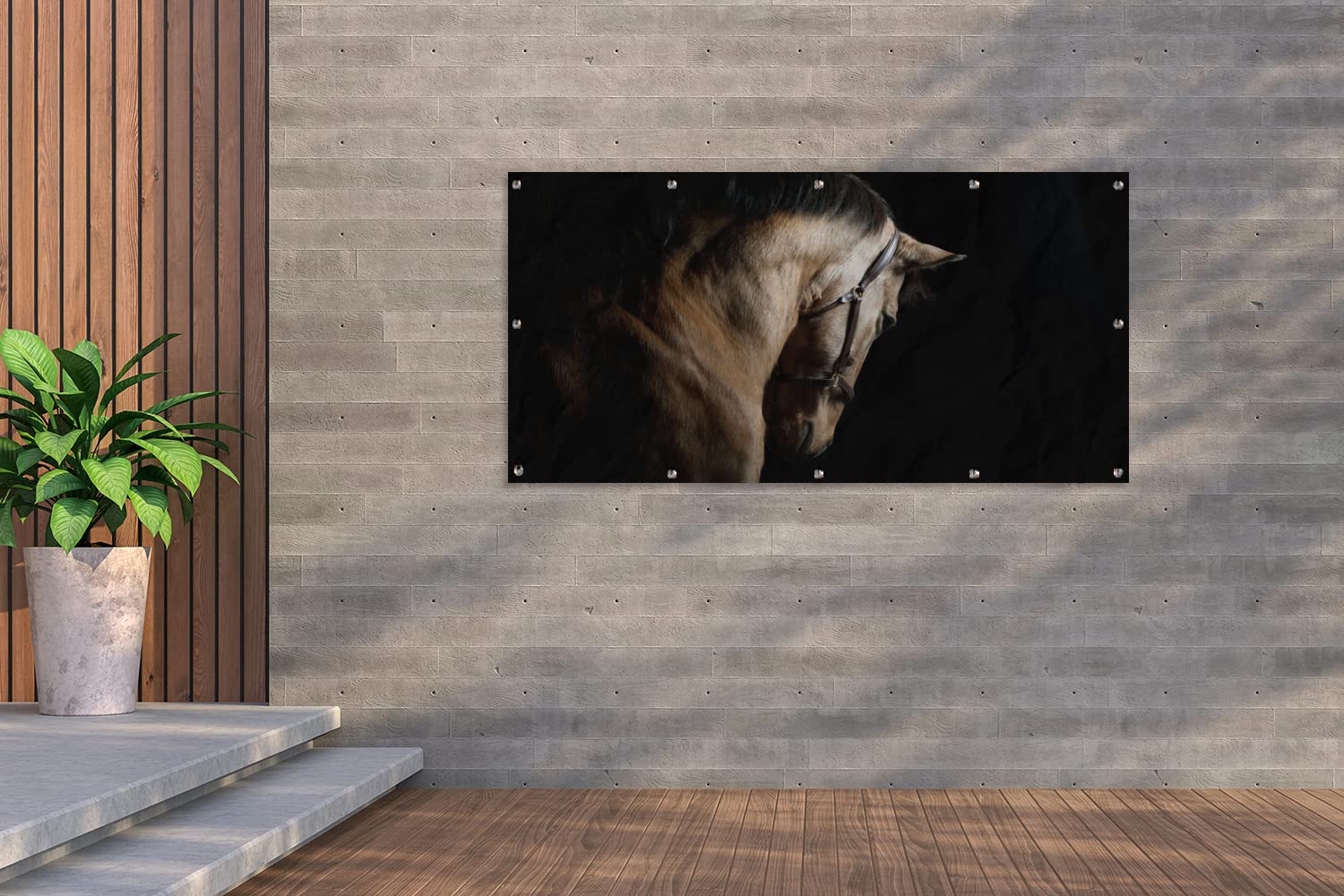 MuchoWow Outdoor-Poster Poster Wanddeko draußen Deko Garten Gartenposter 160x80 cm Pferde - Halfter - Schwarz