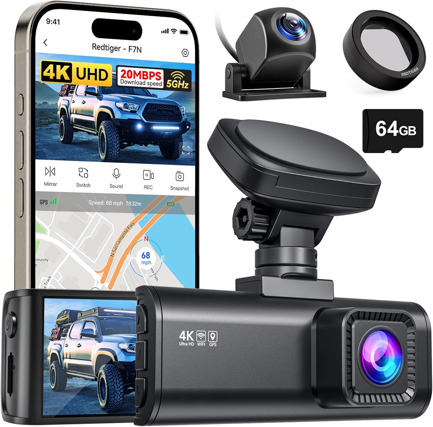 REDTIGER F7N 4K Dual Dash Cam & CPL, 5.8GHz WiFi-20 MB/s Fast Transfer, 64GB Card, Front 4K/2.5K and Rear 1080P Dash Camera for Cars with 3.18'' Screen