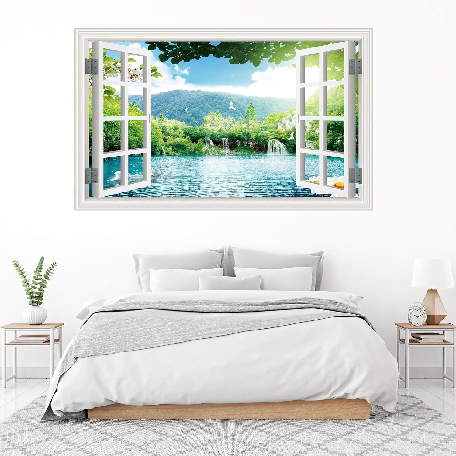 ‌Lmyhome Fake Window Wall Mural -Spring Lake Landscape Peel and Stick Wall Sticker Decal for Home Decor (64"x48")