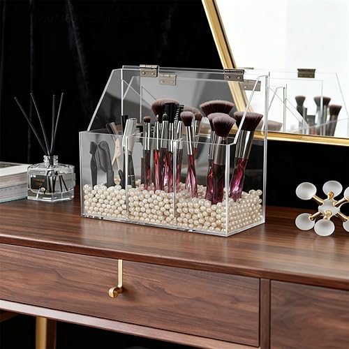 Miniatura 9 de Okllen Soporte para brochas de maquillaje con tapa a prueba de polvo, perlas blancas, organizador de brochas de maquillaje acrílico transparente con
