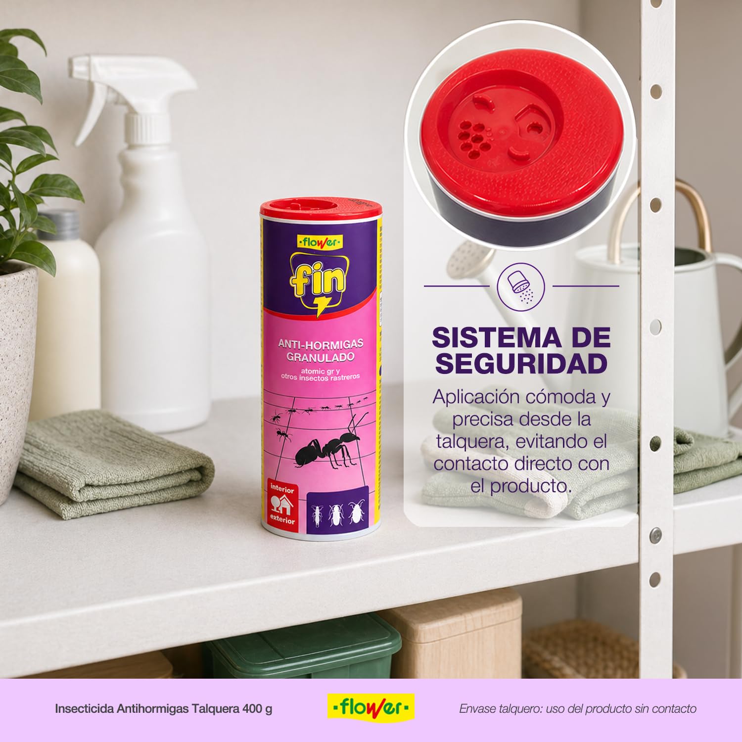 Flower - Insecticida Antihormigas Talquera 400 g | Antihormigas Granulado | Gran Eficacia | Control de Hormigas e Insectos Rastreros | Interior y Exterior | Fácil Aplicación | Listo para Usar