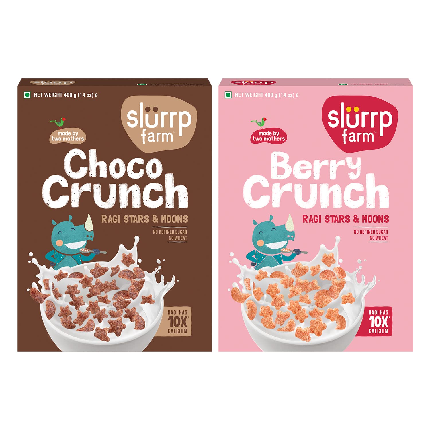 Slurrp Farm Crunch Cereal – No Maida, Wheat and Refined Sugar, Chocolate and Berry Stars and Moons, Healthy Millet Breakfast, 400 g, Pack of 2