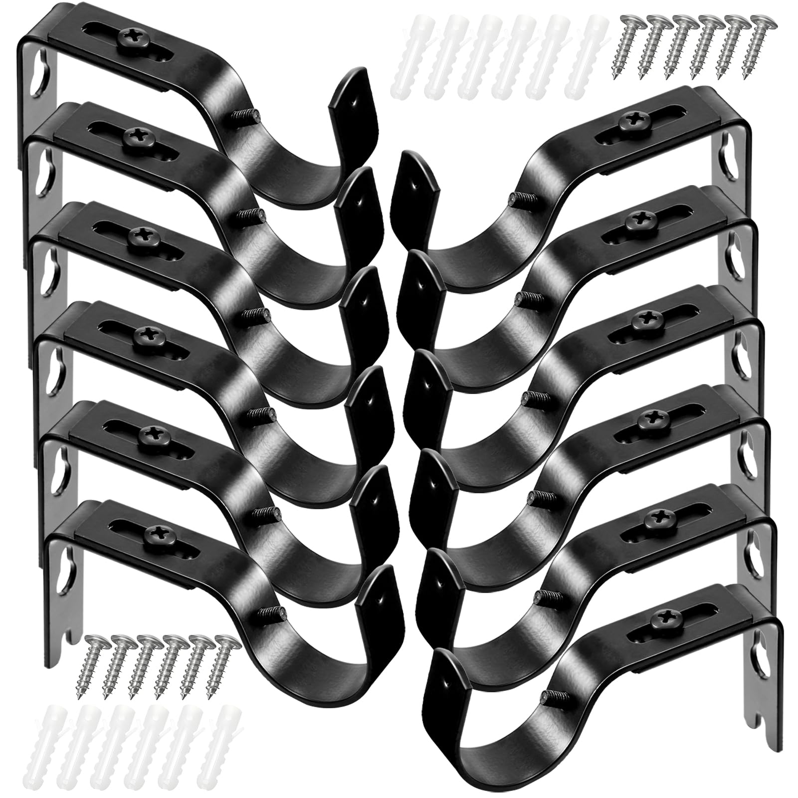 Frienda Lot de 12 supports muraux réglables pour tringle à rideaux de 2,5 cm de diamètre avec vis (noir)