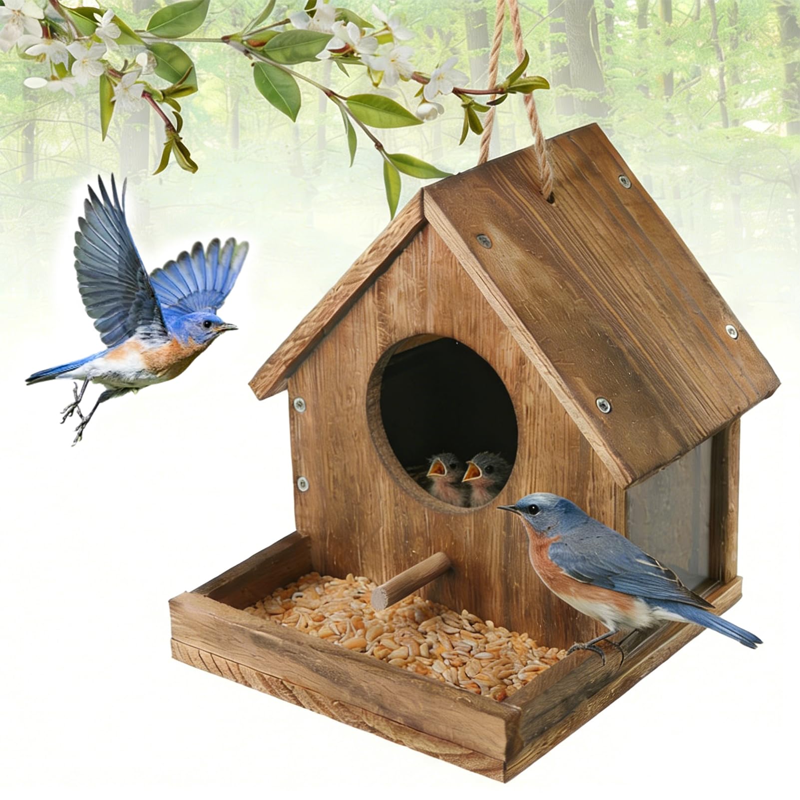 DIY Holz Kolibri Haus Kit zum Aufhängen im Freien Ideales Bluebird Kolibri Haus für draußen mit transparentem Sichtfenster Eingebauter Vogelfutterspender Geschenk für Vogelliebhaber Tolle