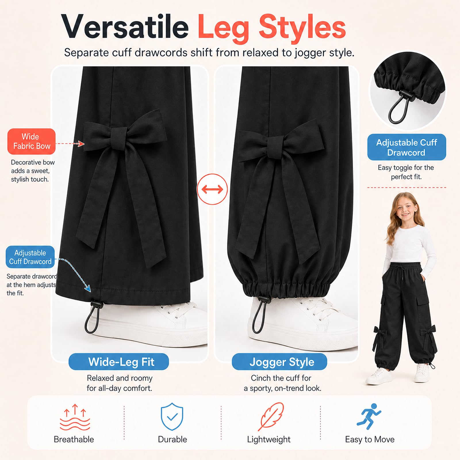 JiAmy Pantalones cargo holgados para niñas, cintura elástica con lazo, pierna ancha, transpirables, Y2K, pantalones deportivos casuales para verano, para baile, escuela, jugar, 5-14 años