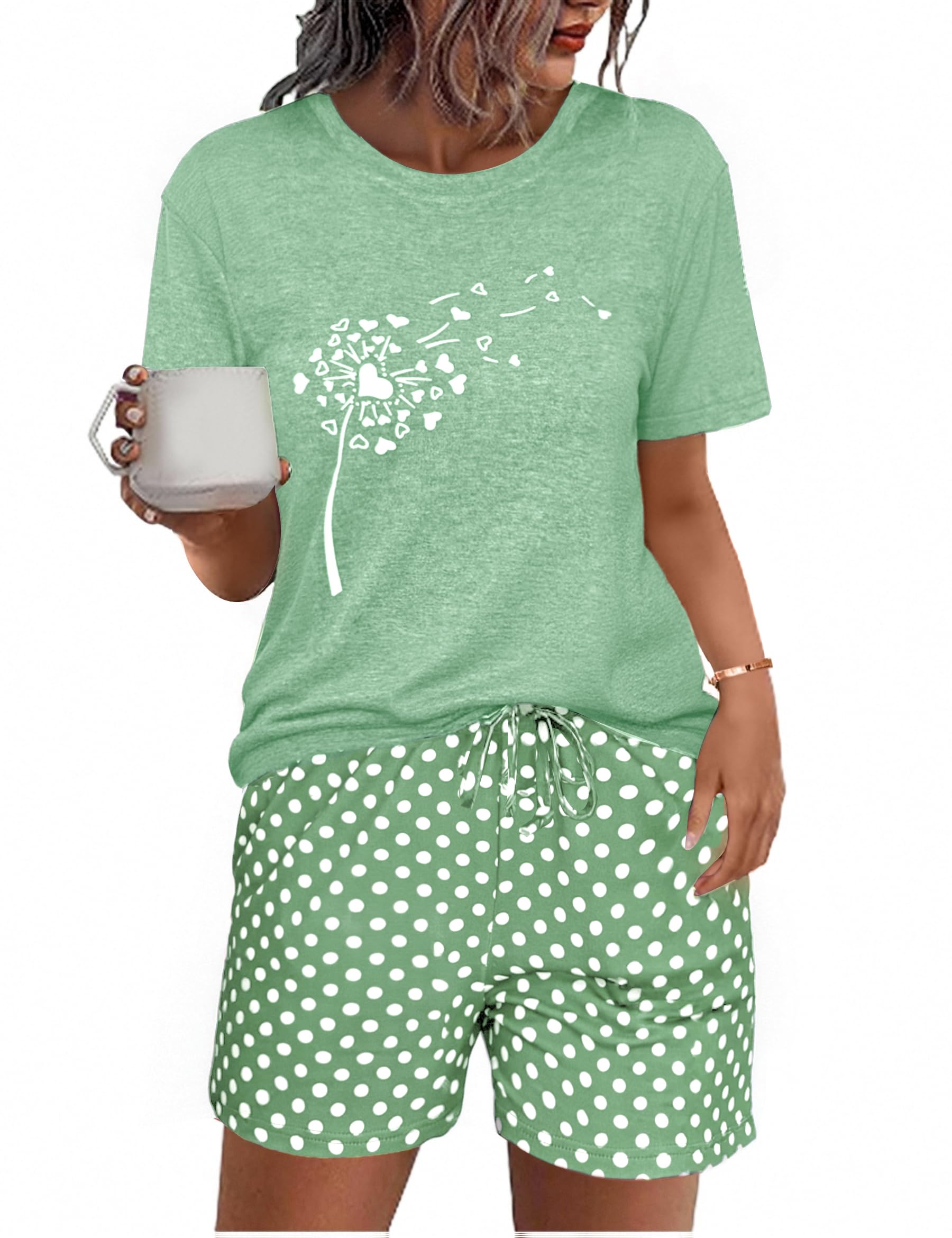 Uniexcosm Schlafanzug Damen Kurz Zweiteiler Pyjama Set Baumwolle Nachtwäsche Löwenzahnmuster Oberteil und Polka Dot Schlafshort Sleepshirt für Sommer