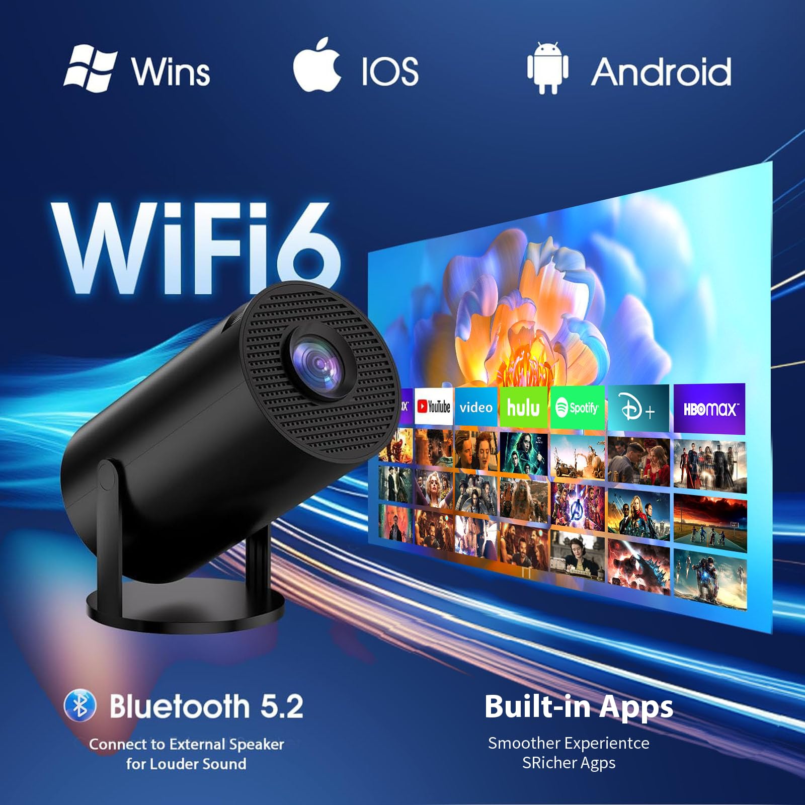 Mini Beamer 4K Full HD 1080P Projektor mit WiFi 6 Bluetooth 5.2 Auto Keystone 180° Drehbar Schwarz