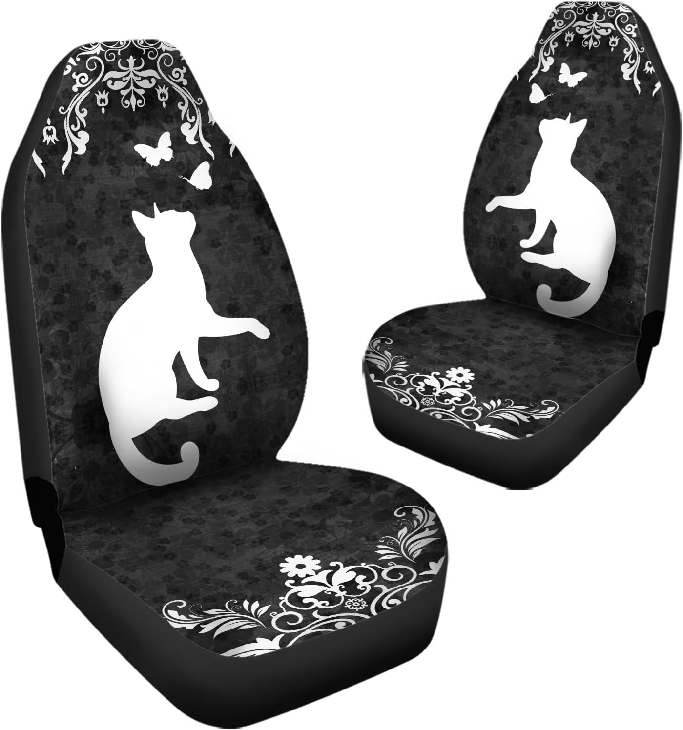 Bulopur Black White Boho Cat Floral Automobile Seat Cover Sets, Car Accessories Interior Decor 2Pcs, Car Seat Protectors for Car, Truck SUVs