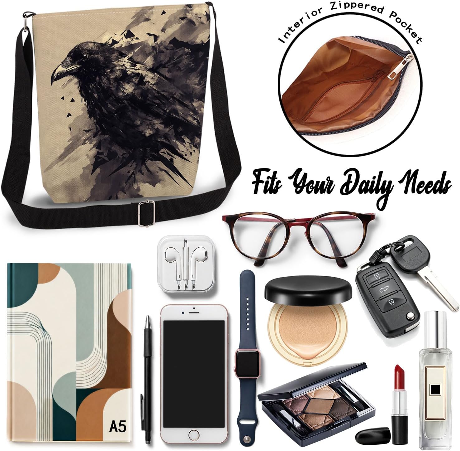 Ink Crow Print Canvas Crossbody Bag, Adjustable Strap Lightweight Purse with Top Zipper & Inner Pocket, Daily Shoulder Bag Gift for Women -1 - Image 6
