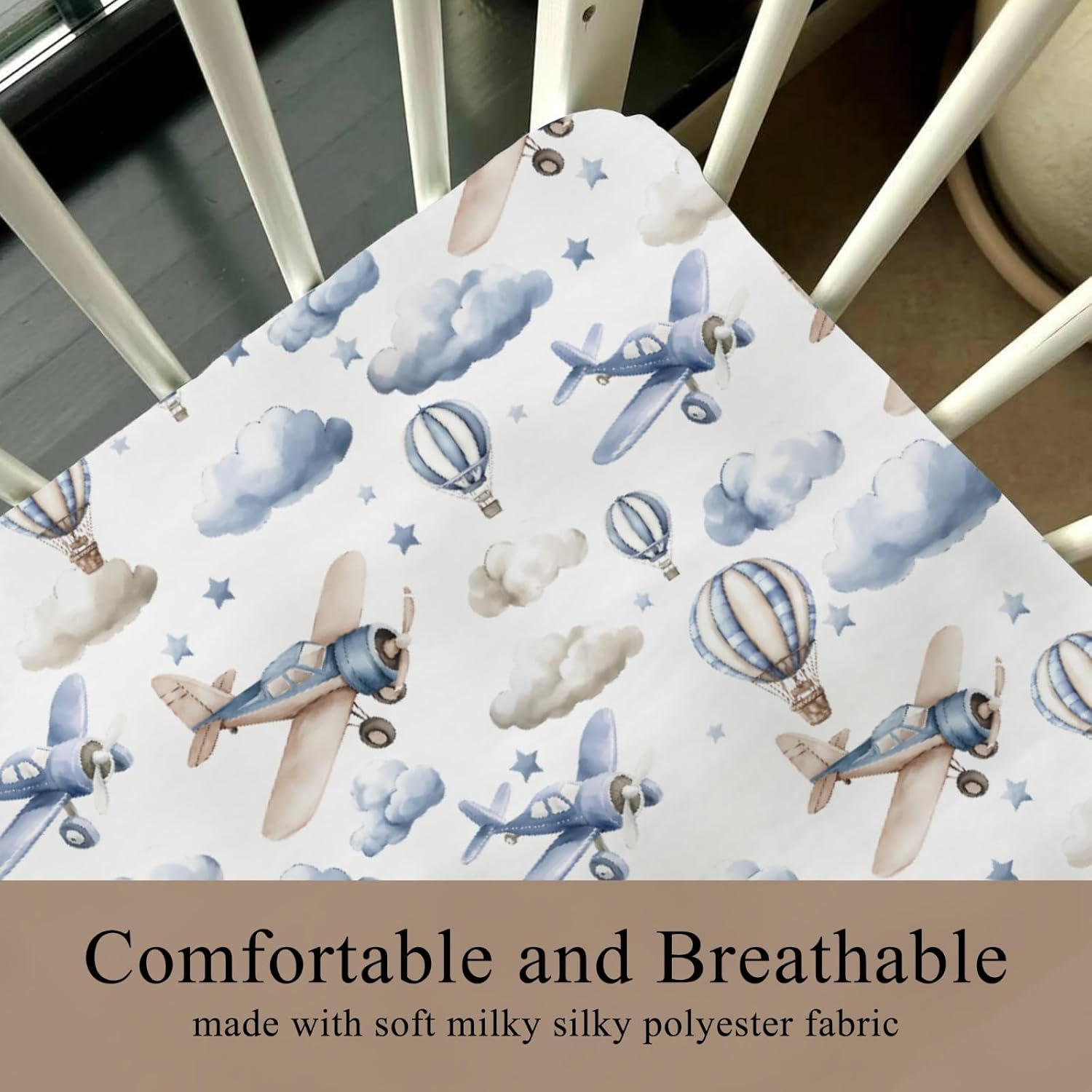 Cute Plane Hot Air Balloon Baby Crib Sheet for Boys & Girls 28x52 Inch Breathable Blue Airplanes Moon Stars Fitted Crib Sheet Fits Standard Cribs and Toddler Mattresses Toddler Bed Sheet