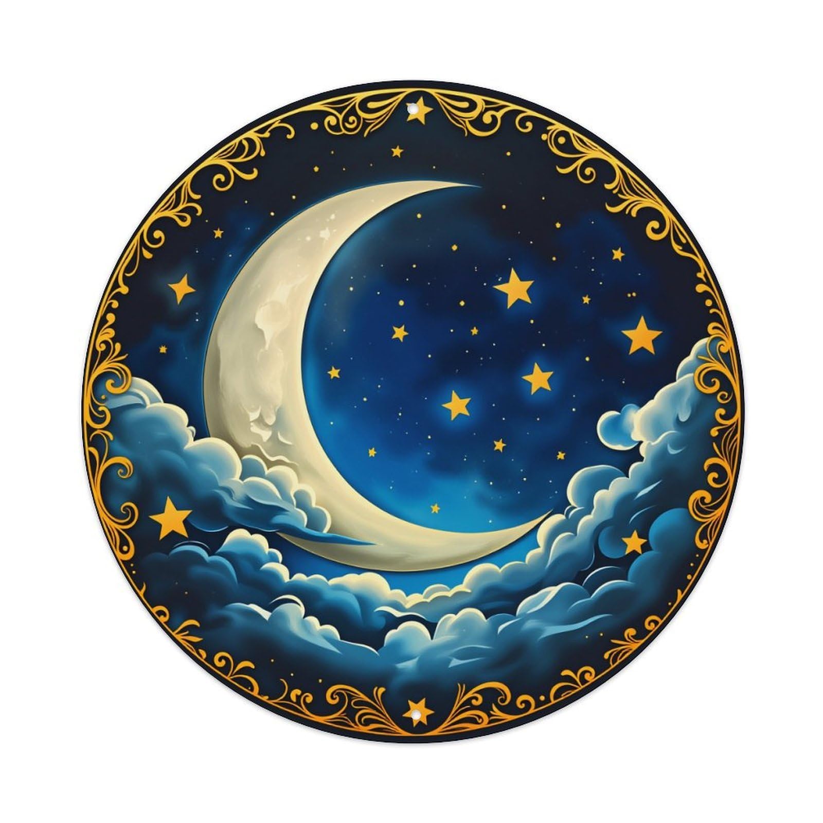 Moon And Stars In Clouds With Golden Art Round Tin Sign Vintage Metal Sign Home Bar Garden Wall Decor Metal Poster 8x8 Inch