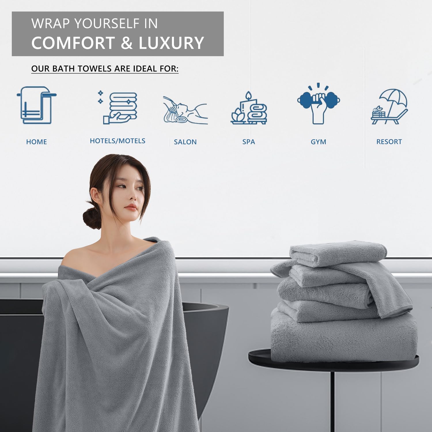 Lot de 4 draps de Bain Extra Larges (88,9 x 177,8 cm) – Serviette de Bain surdimensionnée Ultra Douce pour Salle de Bain et hôtel, Peluche très absorbante à séchage Rapide, pour Adultes, Gris