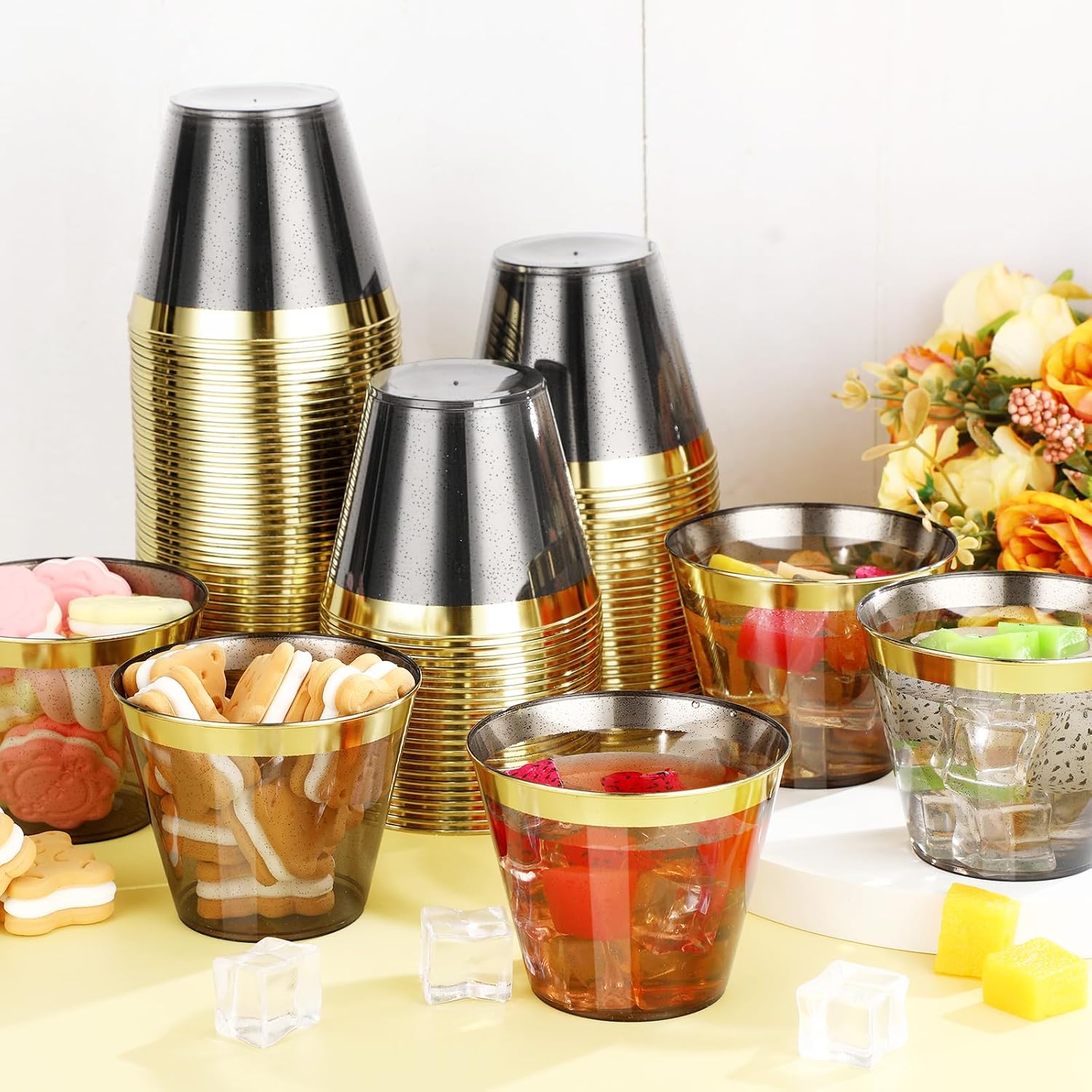 Tanlade 100 Pcs Glitter Plastic Cups 9 oz Gold Rimmed Disposable Cups Elegant Party Cups for Wedding Baby Shower Birthday Party Supplies(Black)