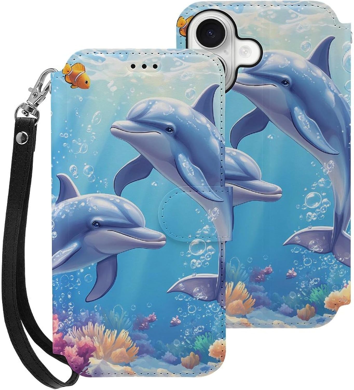 Clownfish Dolphins Bubble Coral Compatible with iPhone 16/16 Plus/16 Pro/16 Pro Max/16 E Case Phone Wallet Card Holder Flip Cover with Wrist Strap