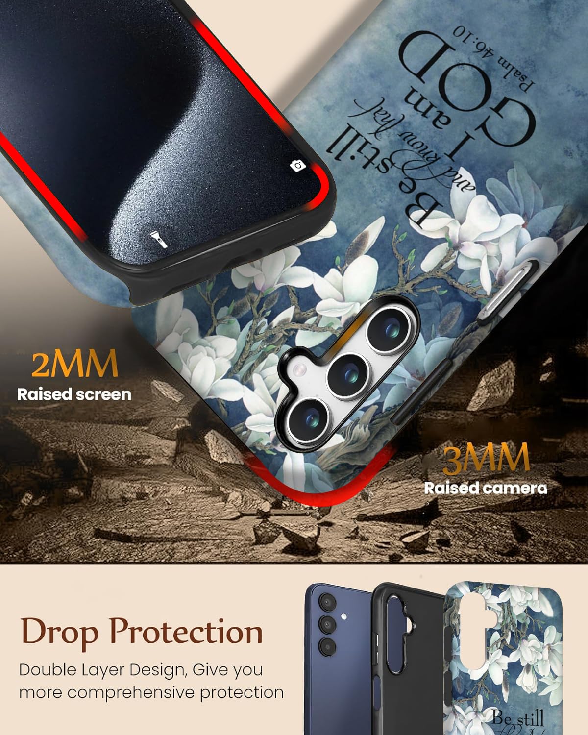 Funda Dual Guard para Samsung Galaxy S24 FE 5G, carcasa rígida de doble capa + funda de silicona 2 en 1, funda protectora a prueba de golpes, versículo bíblico Salmo 46:10, flores blancas