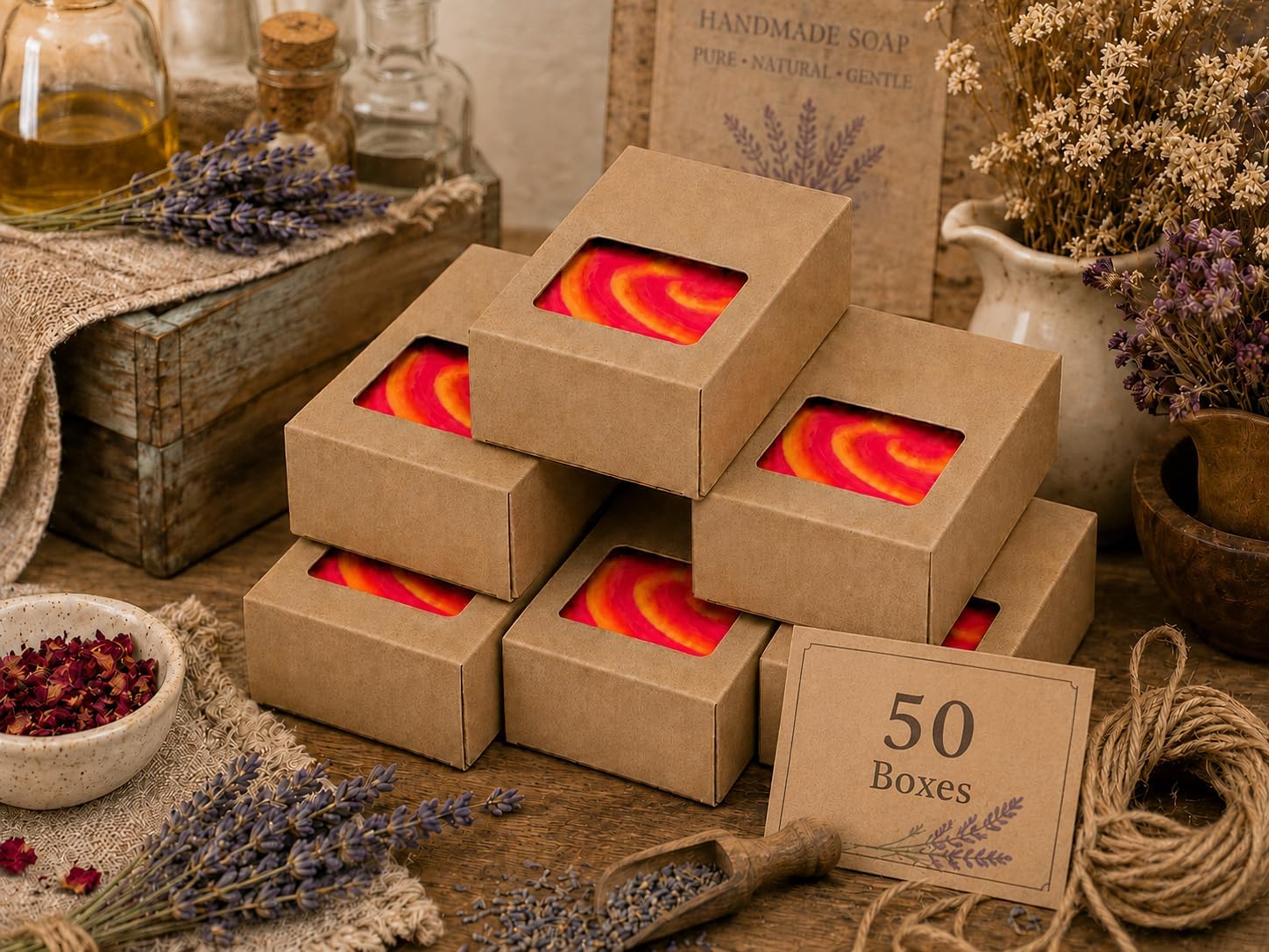 Rectangle Window Soap Boxes – Kraft Recyclable Packaging for Handmade Soap, Elegant Artisan Packaging for Weddings, Boutiques, Craft Fairs – 2 9/16" x 3 5/8" x 1 4/16" - 50 Pack image 4
