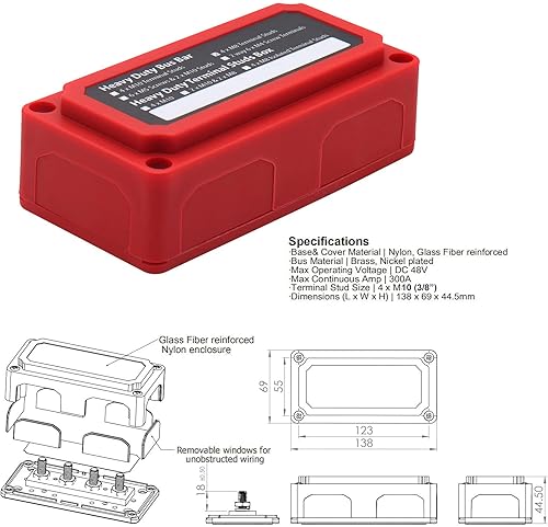 Miniatura 2 de Caja de barra de bus de 12 V - 48 V CC y 300 amperios, módulo resistente, bloque de conexión de distribución de energía 4 x 38 pulgadas, barras