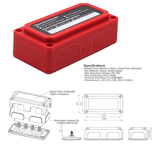 Miniatura 2 de Caja de barra de bus de 12 V - 48 V CC y 300 amperios, módulo resistente, bloque de conexión de distribución de energía 4 x 38 pulgadas, barras