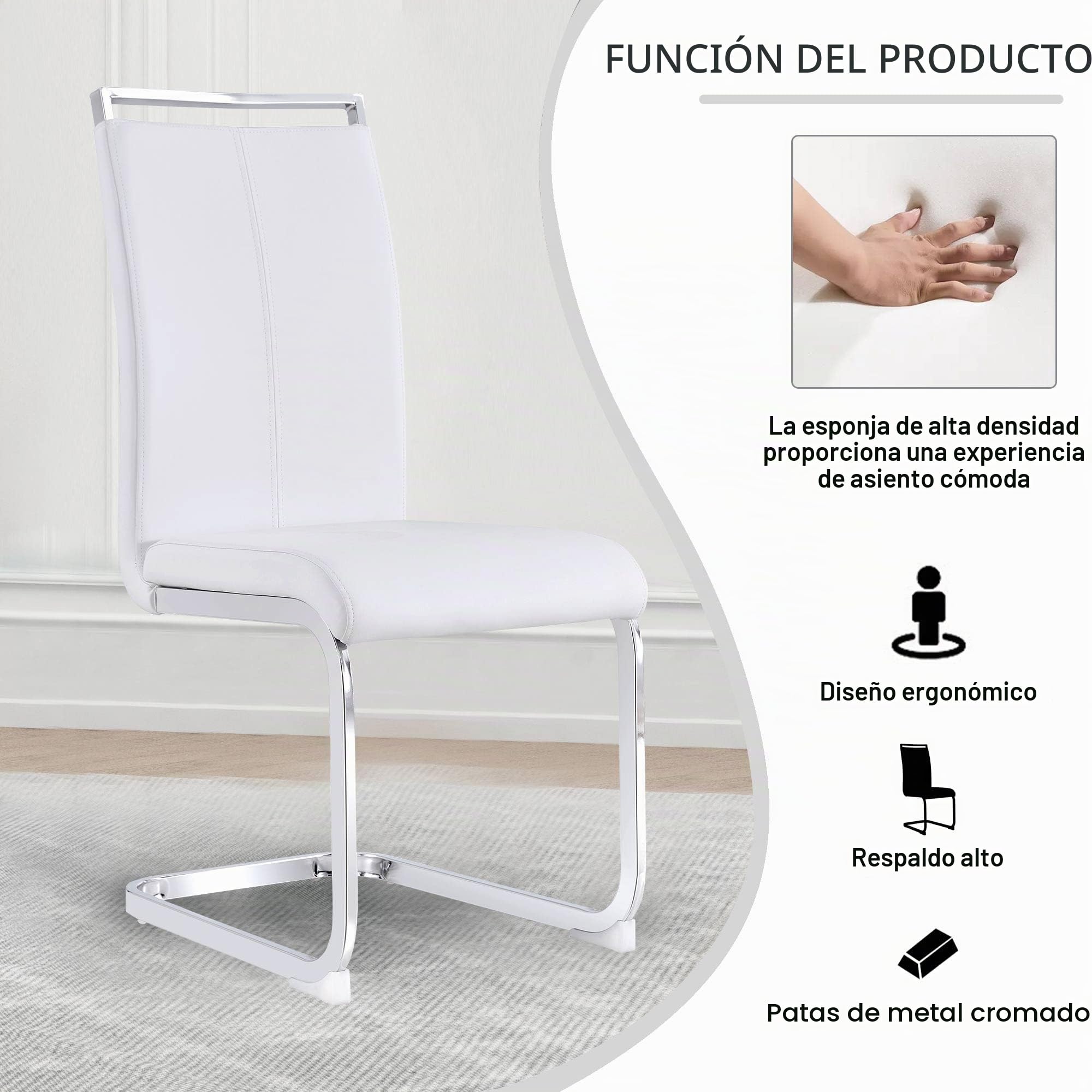 Merax Juego de 4 sillas de Comedor con Piel sintética de Poliuretano y Respaldo Alto, Estructura de Metal Cromado, Silla de Cocina Moderna, Silla tapizada para salón, Sala de conferencias, Color