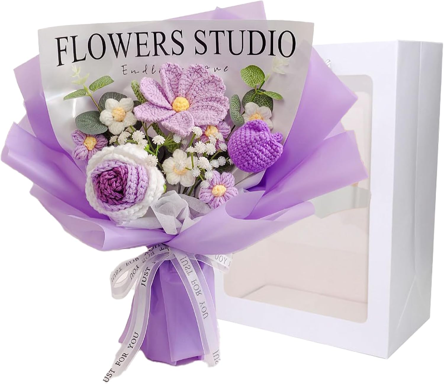 Hand-Crochet Floral Bouquet - Roses, Tulips & Cosmos with Eucalyptus - Hypoallergenic Everlasting Keepsake for Her, Mother's Day & Weddings (Includes Bag & Card)