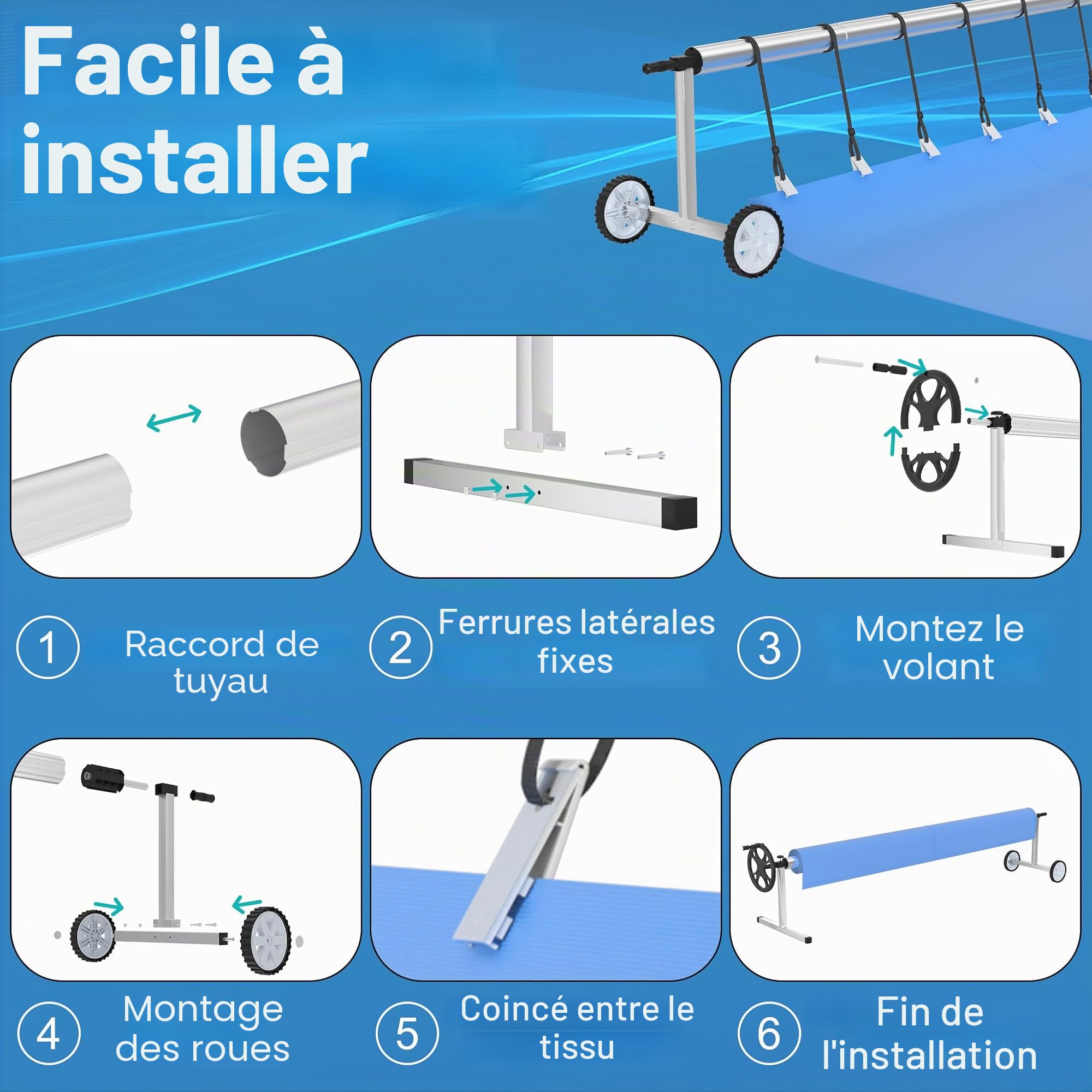 LARS360 Enrouleur de Couverture de Piscine en Aluminium et Acier Inoxydable | 3 m - 5,70 m | Système d'Enrouleurs de Couverture Solaire avec Fixation et roulettes