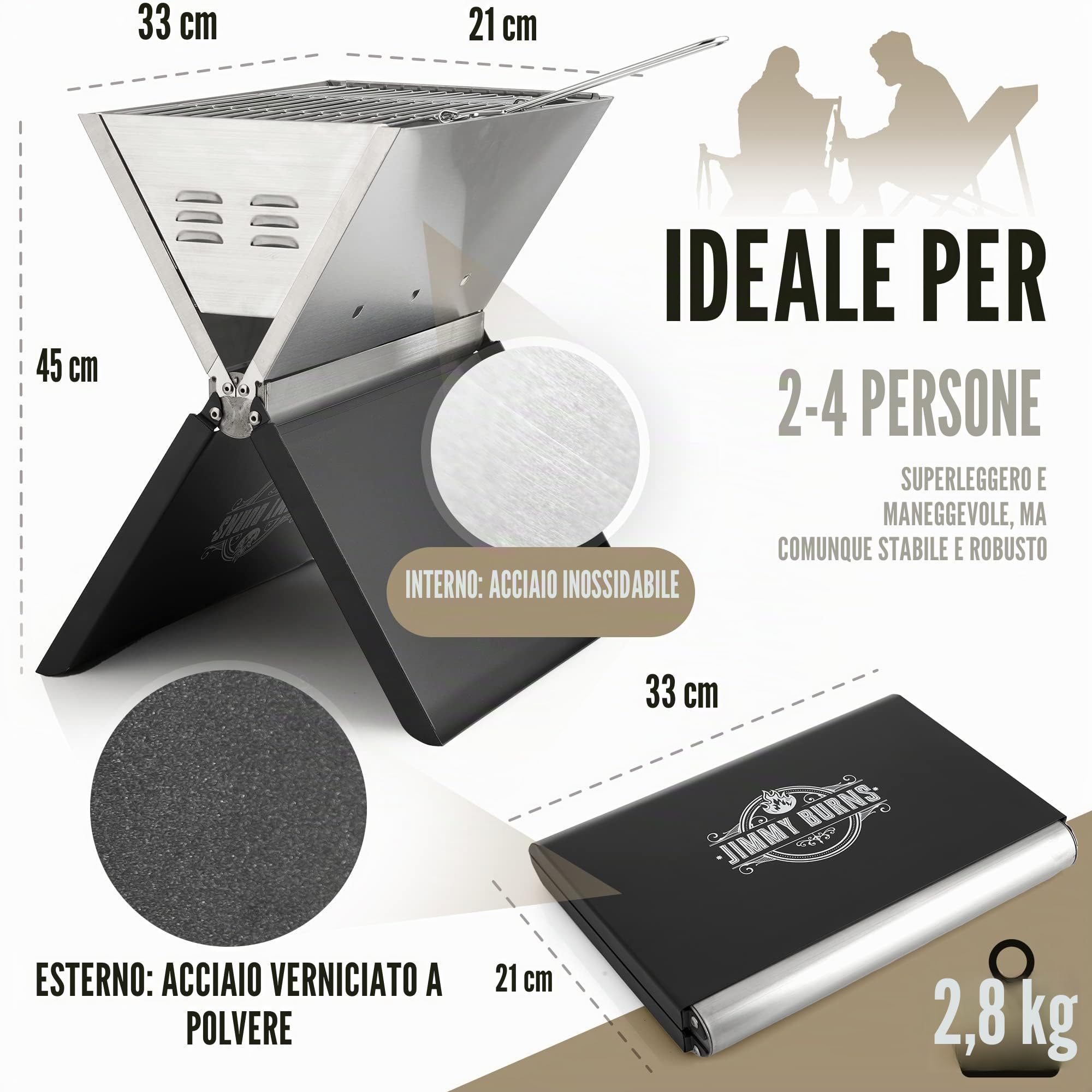 JIMMY BURNS Barbecue da campeggio a carbonella in acciaio inox,[Design Eyecatching Notebook Design],per 2-4 persone,Barbecue pieghevole compatto per campeggio, giardino,con accessori per barbecue