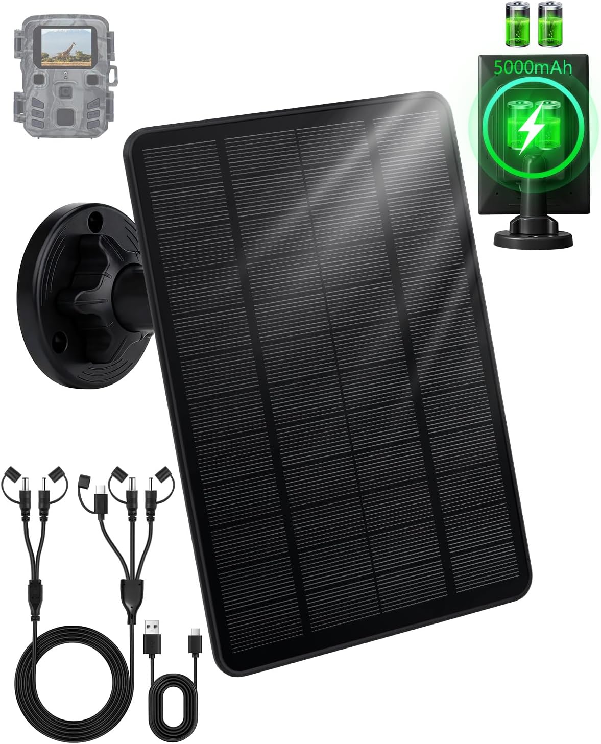 Trail Camera Solar Panel, 3W Solar Panel Charger with 5000mAh Battery and 12V/1A 6V/1.5A USB-C & DC Port 9.8ft Cable, IP65 Waterproof Solar Panel for Trail Camera,Game Cameras, Hunting Accessory