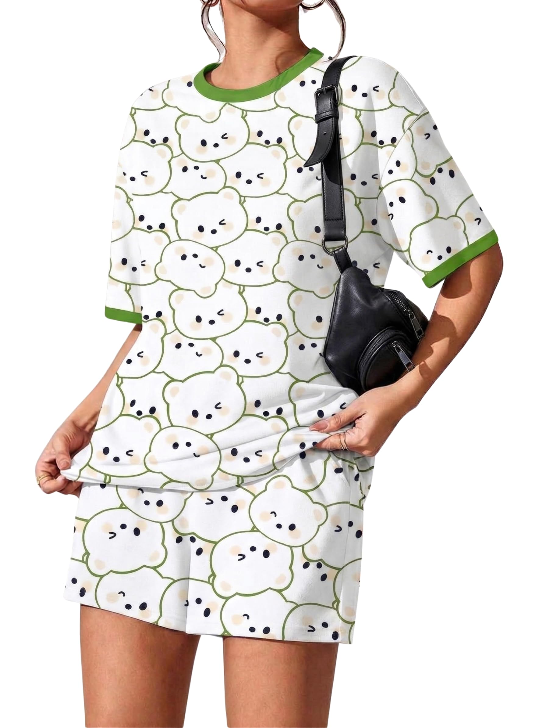 Women's Oversized T-Shirt Shorts Set | Printed Co-Ord Set for Women | Casual Lounge Wear | Summer Night Suit | Cute Cartoon Bear Print | Relaxed Fit Home Wear-picture-49