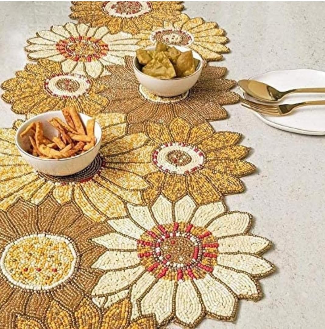 Indian Handcrafted Beaded Table Runner 13 X 36 Inches, Yellow Orange Mix Decorative Dining mat. Thanksgiving Centerpiece, Handmade Table Runner for Center & Dining Table