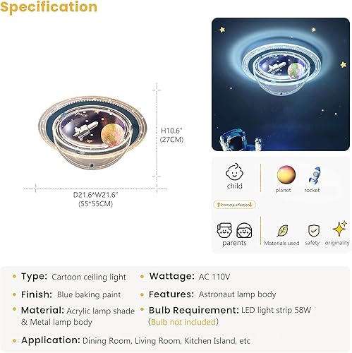 Miniatura 6 de Astronauta Kids - Lámpara de techo empotrada para dormitorio, moderna lámpara de techo LED regulable de dibujos animados, cohete luna, naves